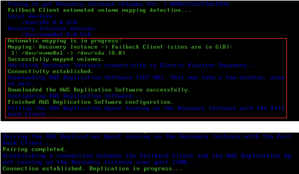 Figure 12. Shows that failback client is setting up replication software and pairing with AWS replication agent